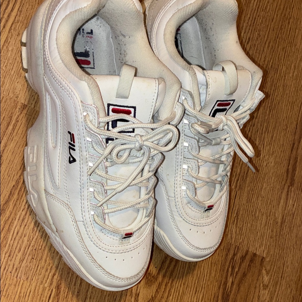Fila White Leather Athletic Sneakers with Red & Navy Logo Accents
